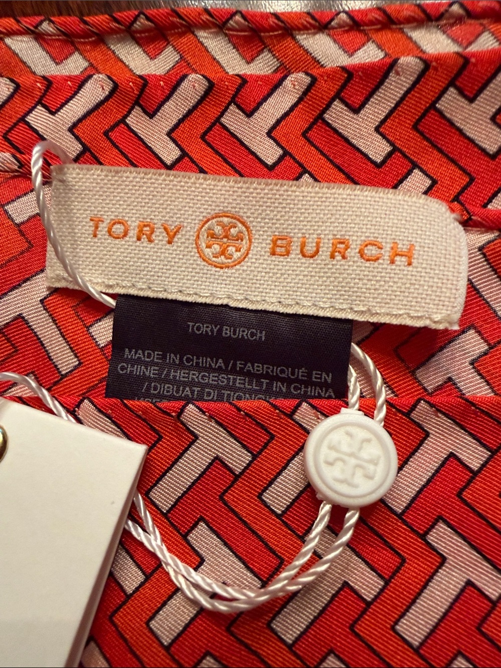 Tory Burch Red and White Geometric Silk Scarf NWT and Gift Bag - Picture 6 of 12